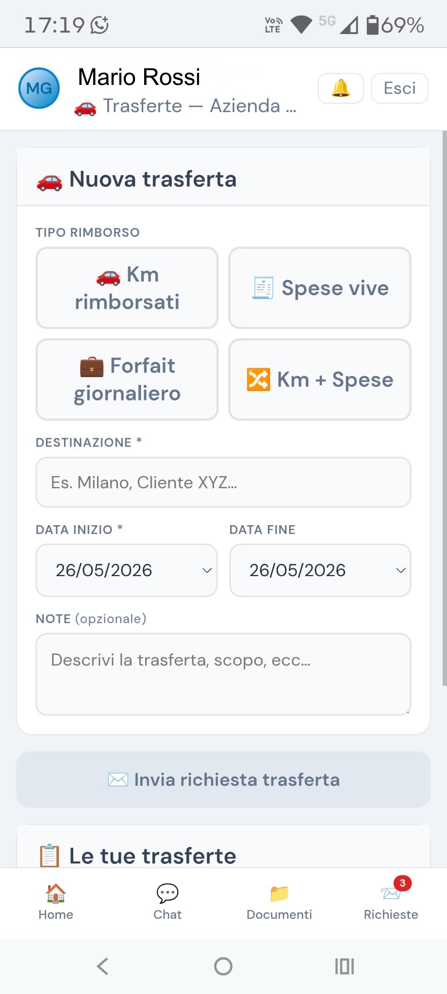 PWA Trasferte — nuova richiesta